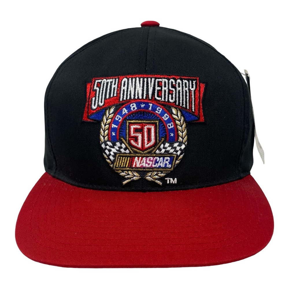 Vintage NASCAR 50th Anniversary Hat Checkered Flag Sports Snapback Black Red